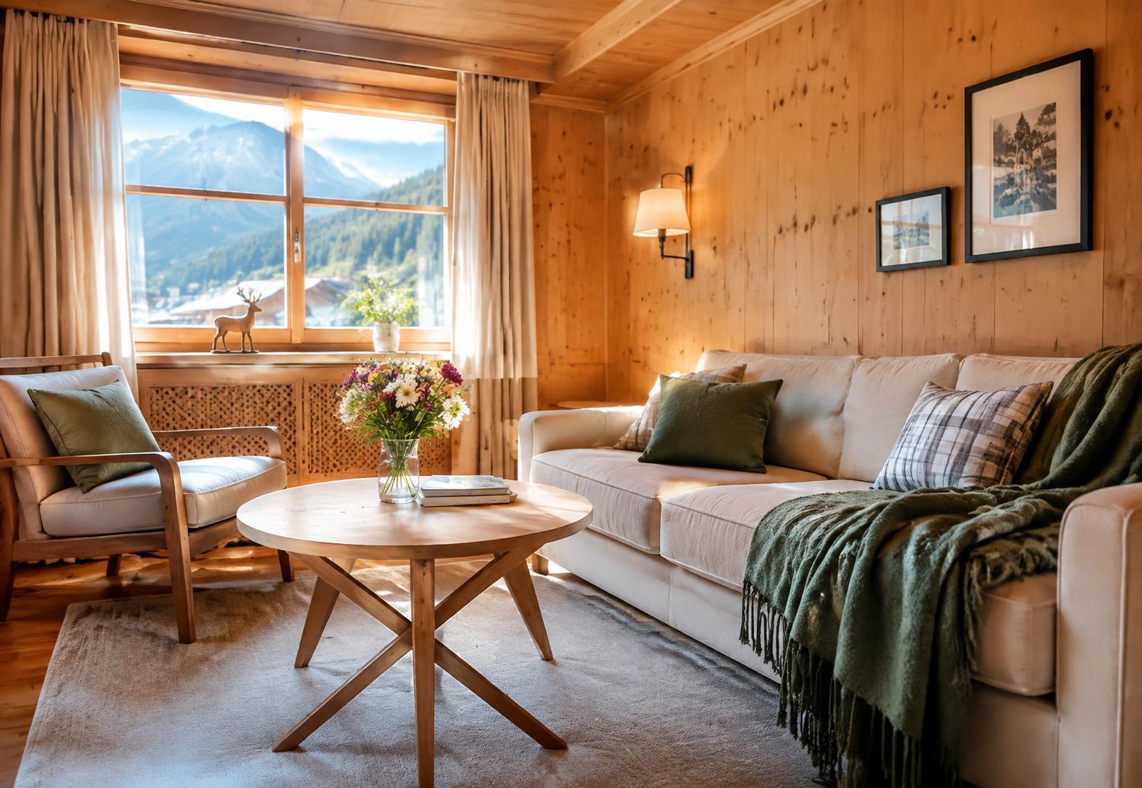 Cozy wooden living room with mountain view (visualisation)