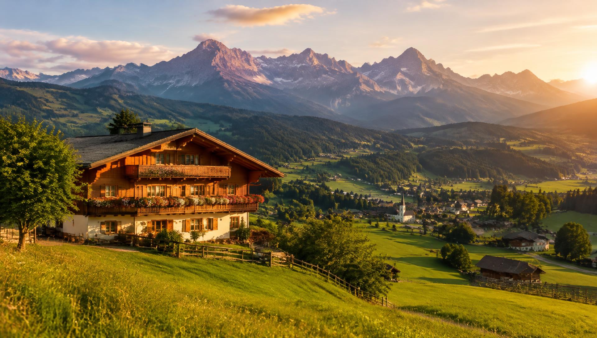 Alpine valley in Tyrol at golden hour with wooden chalet