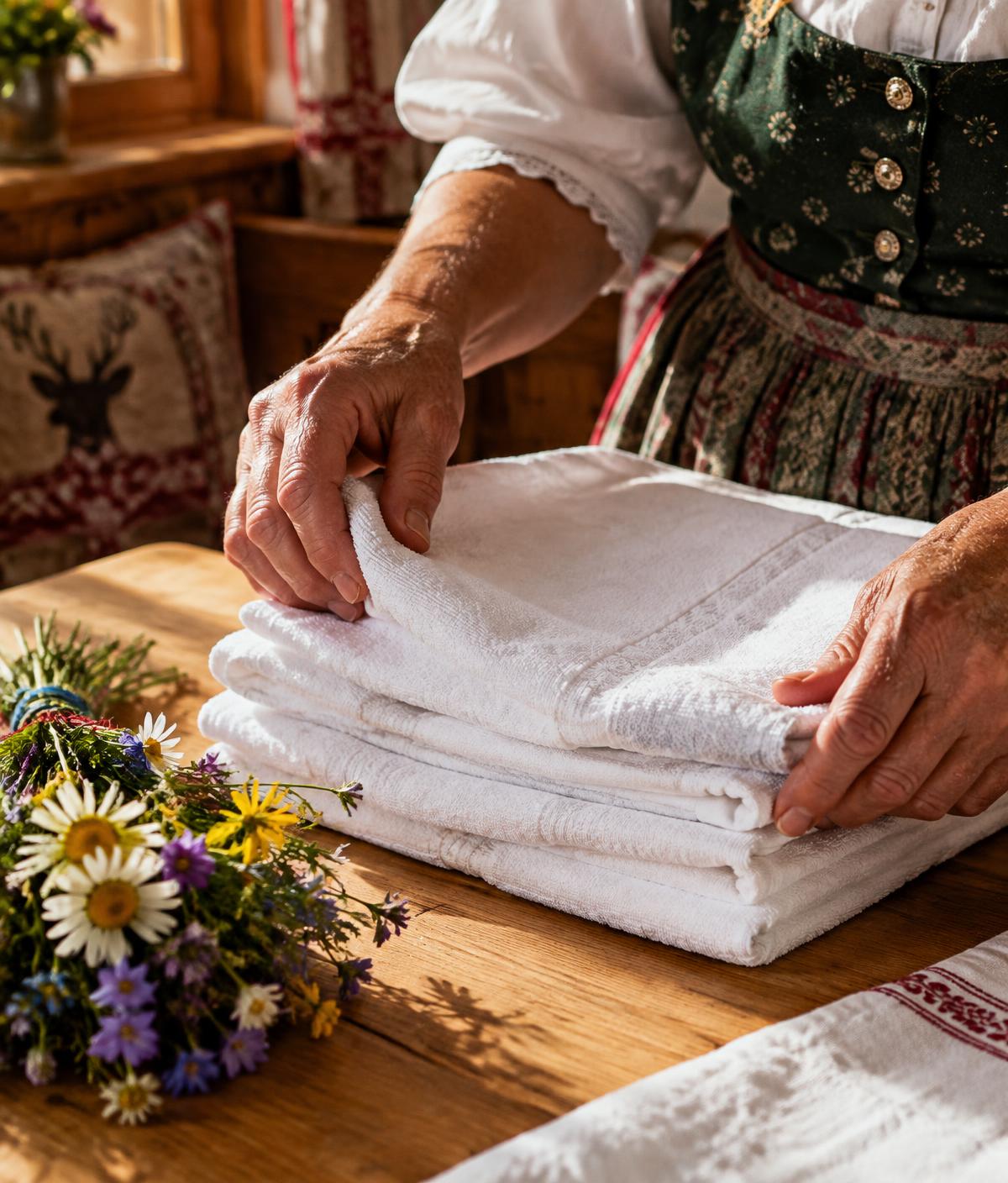 Hands folding fresh towels next to wildflowers