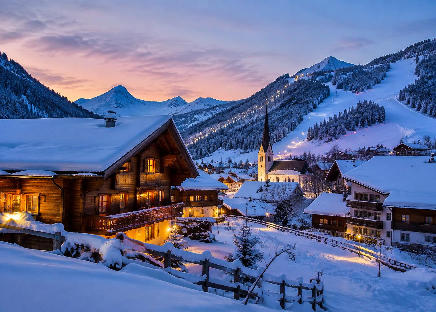 Snowy Tyrolean village at dusk